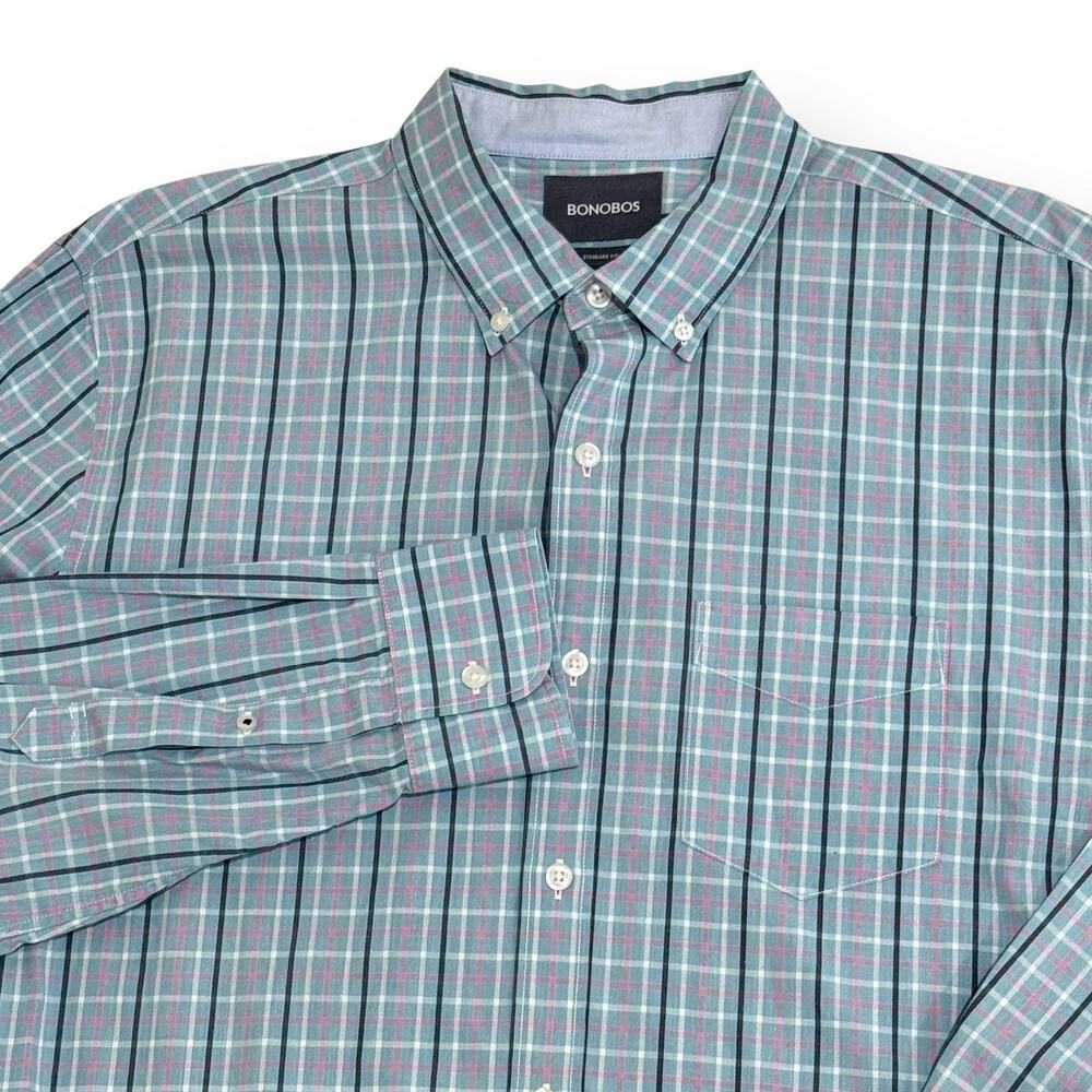 Bonobos Men's Large Shirt Long Sleeve Standard Fit Blue Pink Plaid Cotton Preppy
